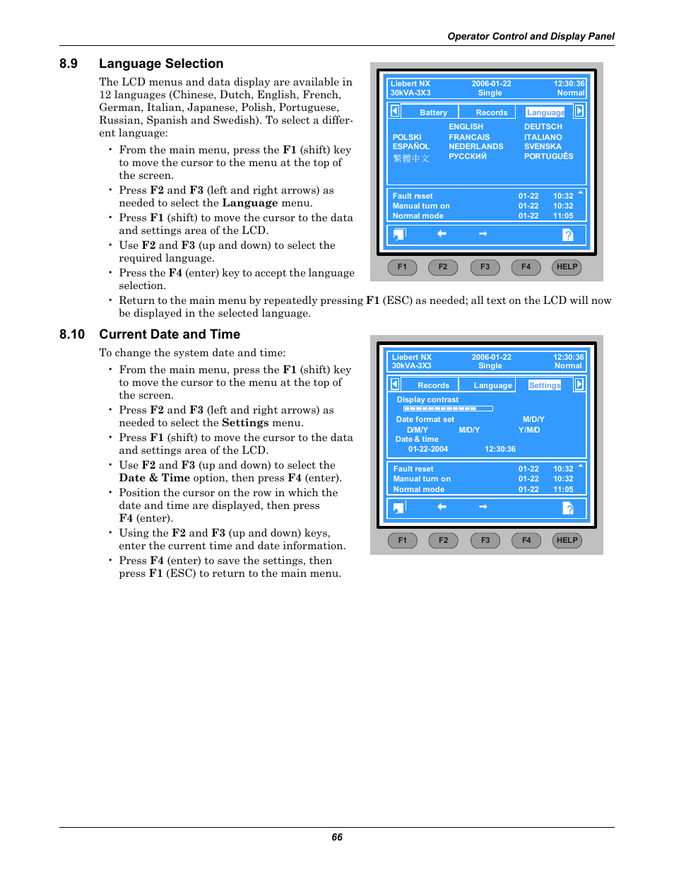 9 language selection, 10 current date and time, Language selection | Current date and time | Emerson Liebert NX 10-30kVA User Manual | Page 74 / 112
