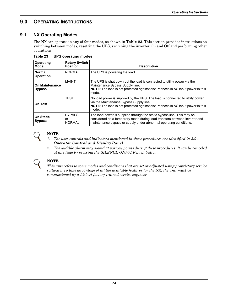 0 operating instructions, 1 nx operating modes, Table 23 ups operating modes | Perating, Nstructions, Nx operating modes, Table 23, Ups operating modes | Emerson Liebert NX 10-30kVA User Manual | Page 81 / 112