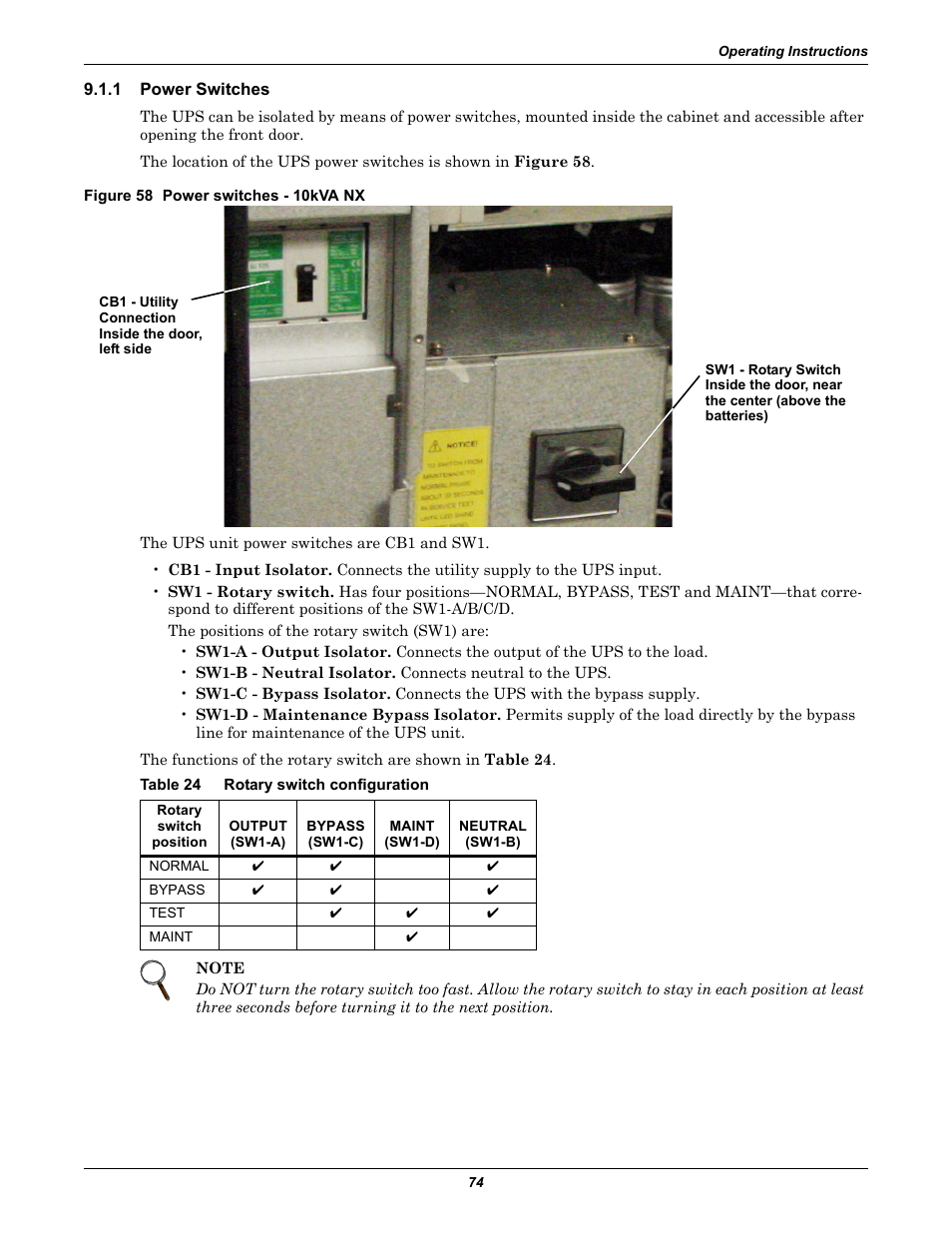1 power switches, Figure 58 power switches - 10kva nx, Table 24 rotary switch configuration | Power switches, Table 24, Rotary switch configuration | Emerson Liebert NX 10-30kVA User Manual | Page 82 / 112