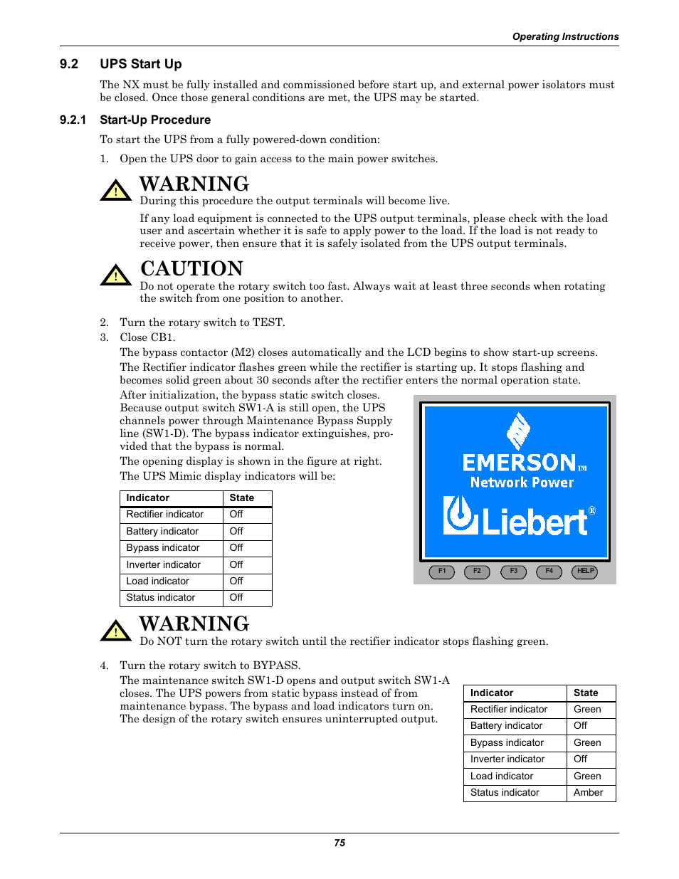 2 ups start up, 1 start-up procedure, Ups start up | Start-up procedure, Warning, Caution | Emerson Liebert NX 10-30kVA User Manual | Page 83 / 112
