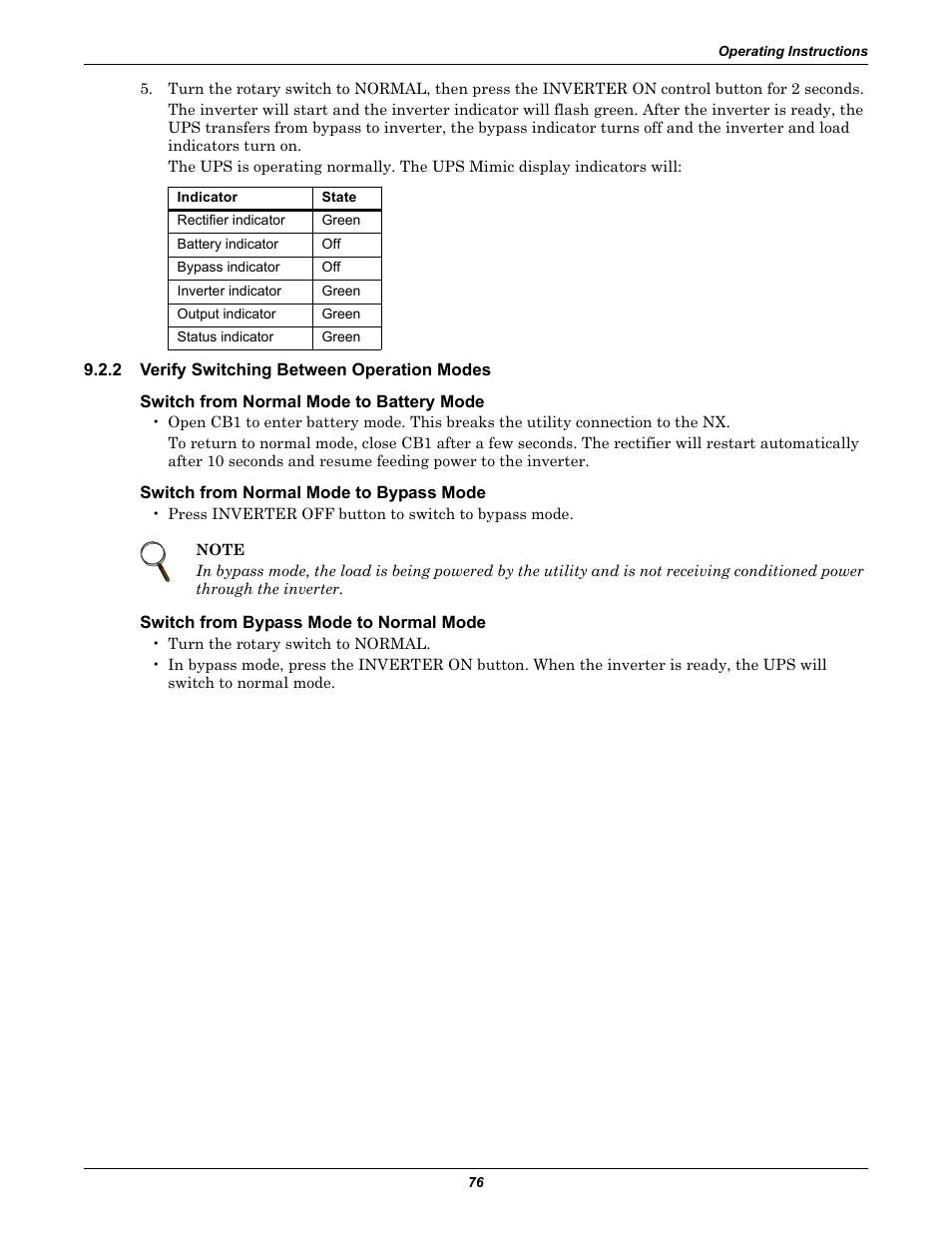 2 verify switching between operation modes, Switch from normal mode to battery mode, Switch from normal mode to bypass mode | Switch from bypass mode to normal mode, Verify switching between operation modes | Emerson Liebert NX 10-30kVA User Manual | Page 84 / 112