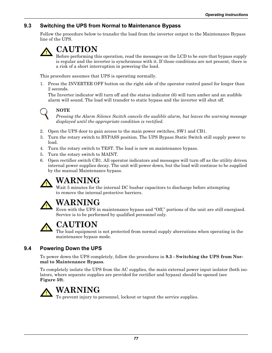 4 powering down the ups, Powering down the ups, Caution | Warning | Emerson Liebert NX 10-30kVA User Manual | Page 85 / 112