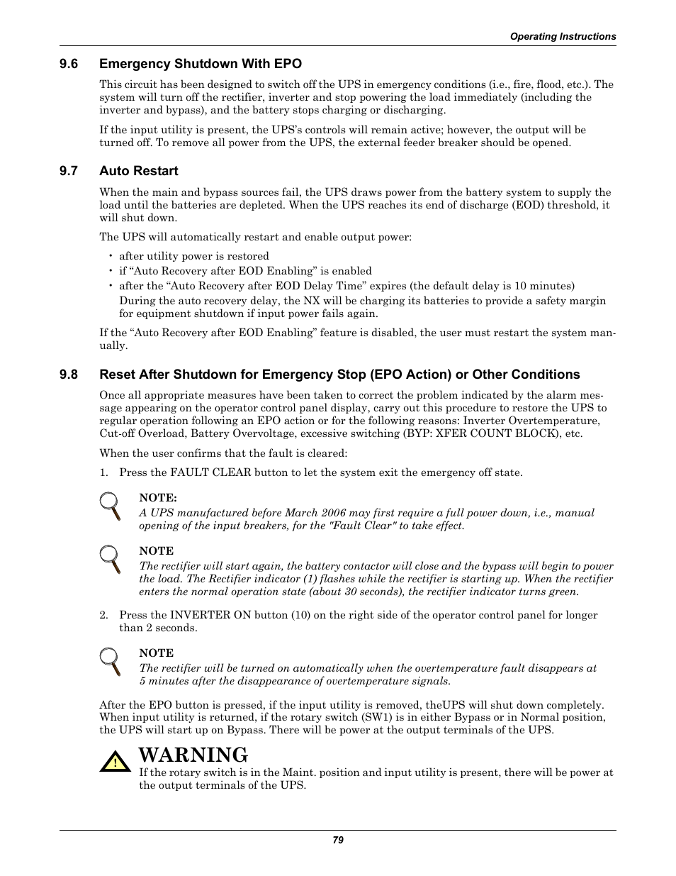 6 emergency shutdown with epo, 7 auto restart, Emergency shutdown with epo | Auto restart, Warning | Emerson Liebert NX 10-30kVA User Manual | Page 87 / 112