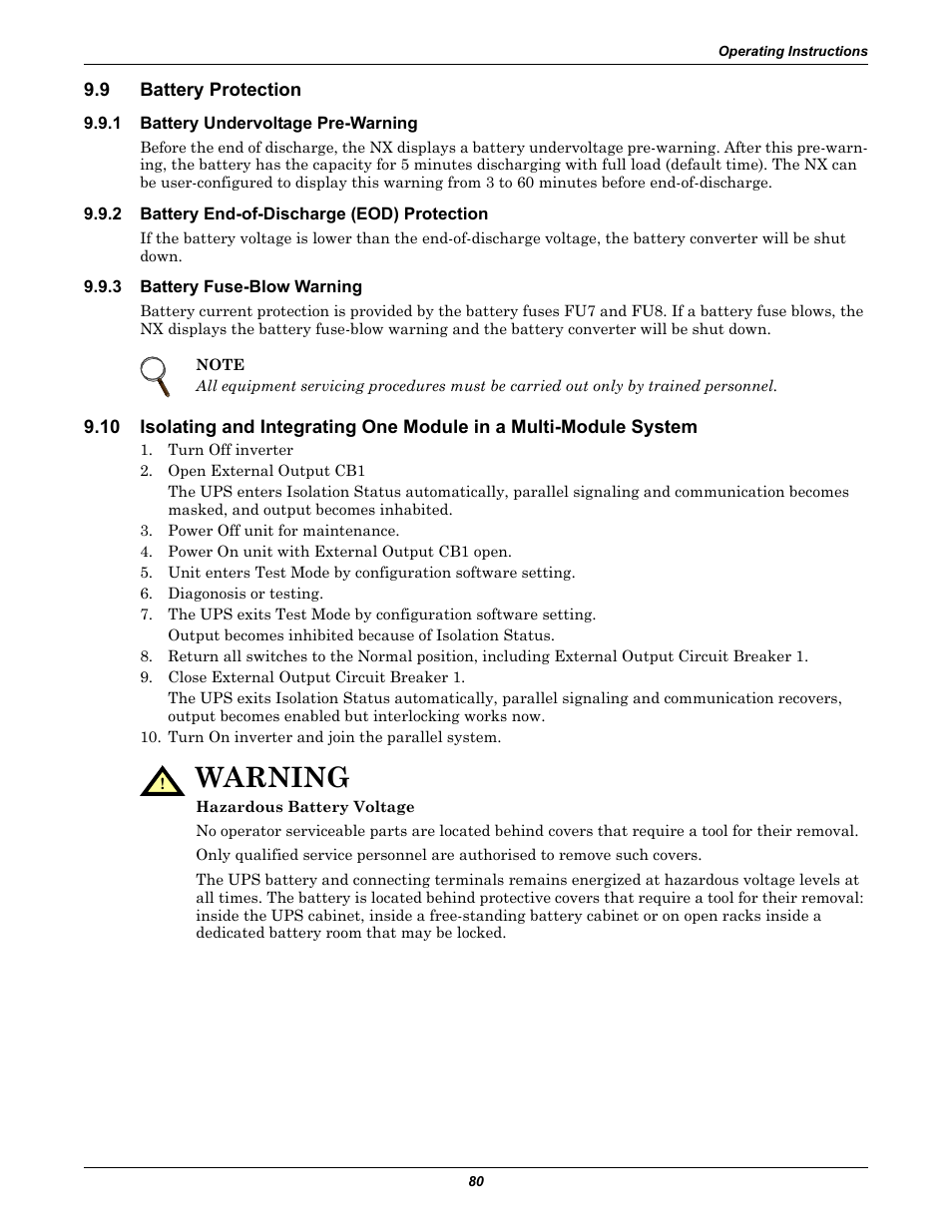 9 battery protection, 1 battery undervoltage pre-warning, 2 battery end-of-discharge (eod) protection | 3 battery fuse-blow warning, Battery protection, Battery undervoltage pre-warning, Battery end-of-discharge (eod) protection, Battery fuse-blow warning, Warning | Emerson Liebert NX 10-30kVA User Manual | Page 88 / 112