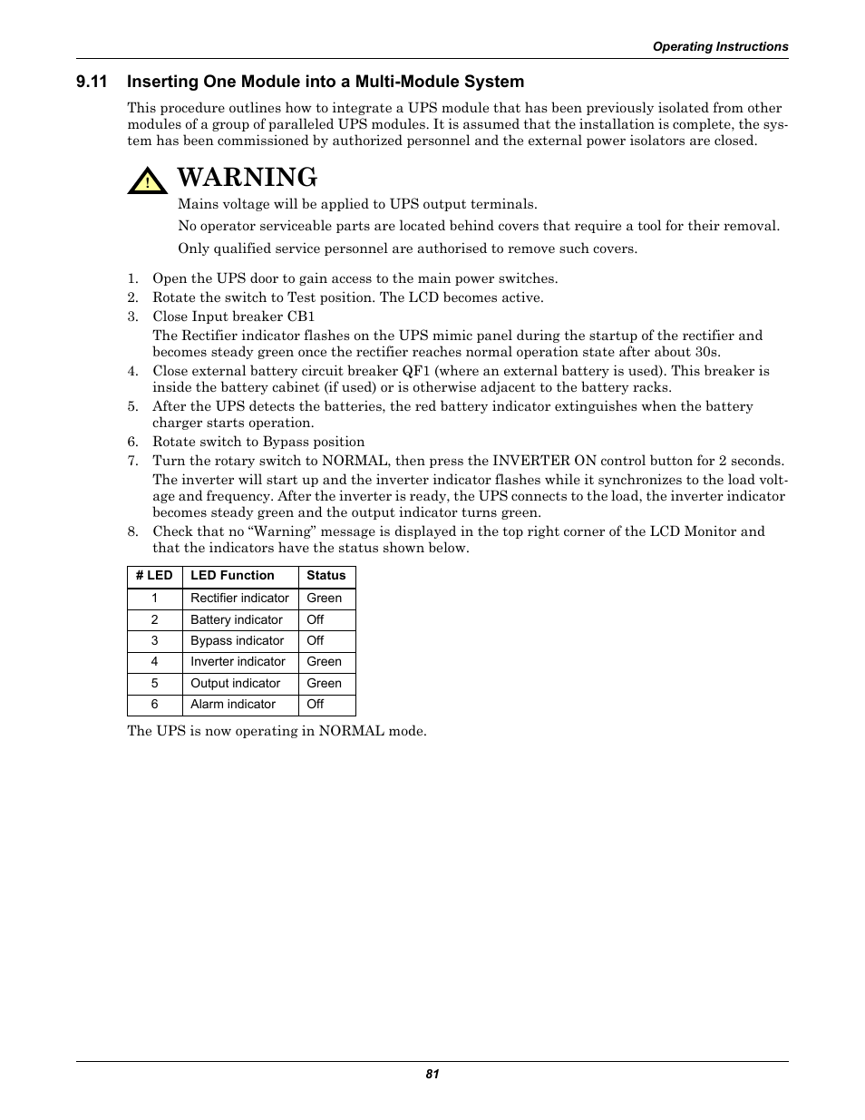11 inserting one module into a multi-module system, Inserting one module into a multi-module system, Warning | Emerson Liebert NX 10-30kVA User Manual | Page 89 / 112