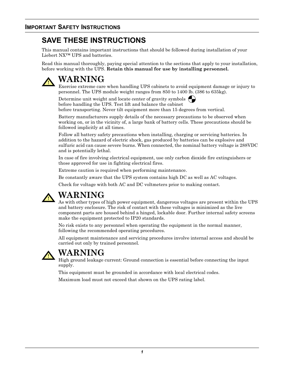 Important safety instructions, Save these instructions, Mportant | Afety, Nstructions, Warning | Emerson Liebert NX 10-30kVA User Manual | Page 9 / 112