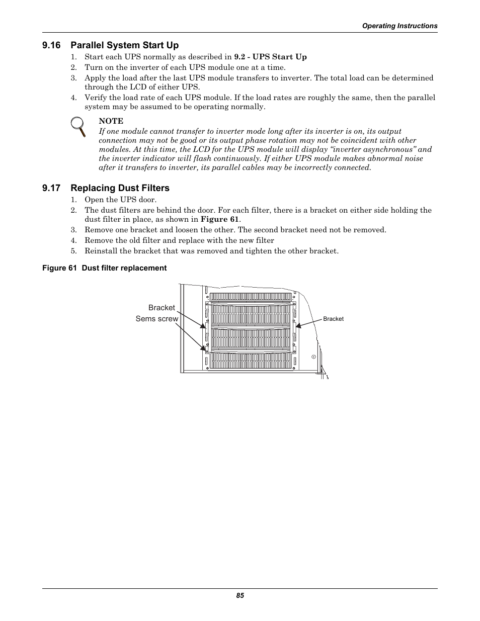16 parallel system start up, 17 replacing dust filters, Figure 61 dust filter replacement | Parallel system start up, Replacing dust filters | Emerson Liebert NX 10-30kVA User Manual | Page 93 / 112