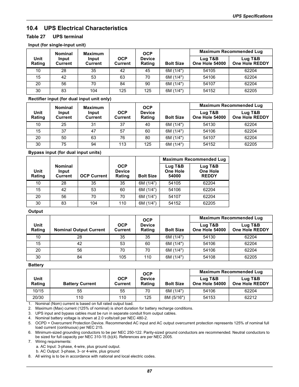 4 ups electrical characteristics, Table 27 ups terminal, Ups electrical characteristics | Table 27, Ups terminal, Table 27 , wit, In table 27, To table 27, 4 - ups electrical characteristics, Ratings in table 27 . for | Emerson Liebert NX 10-30kVA User Manual | Page 95 / 112