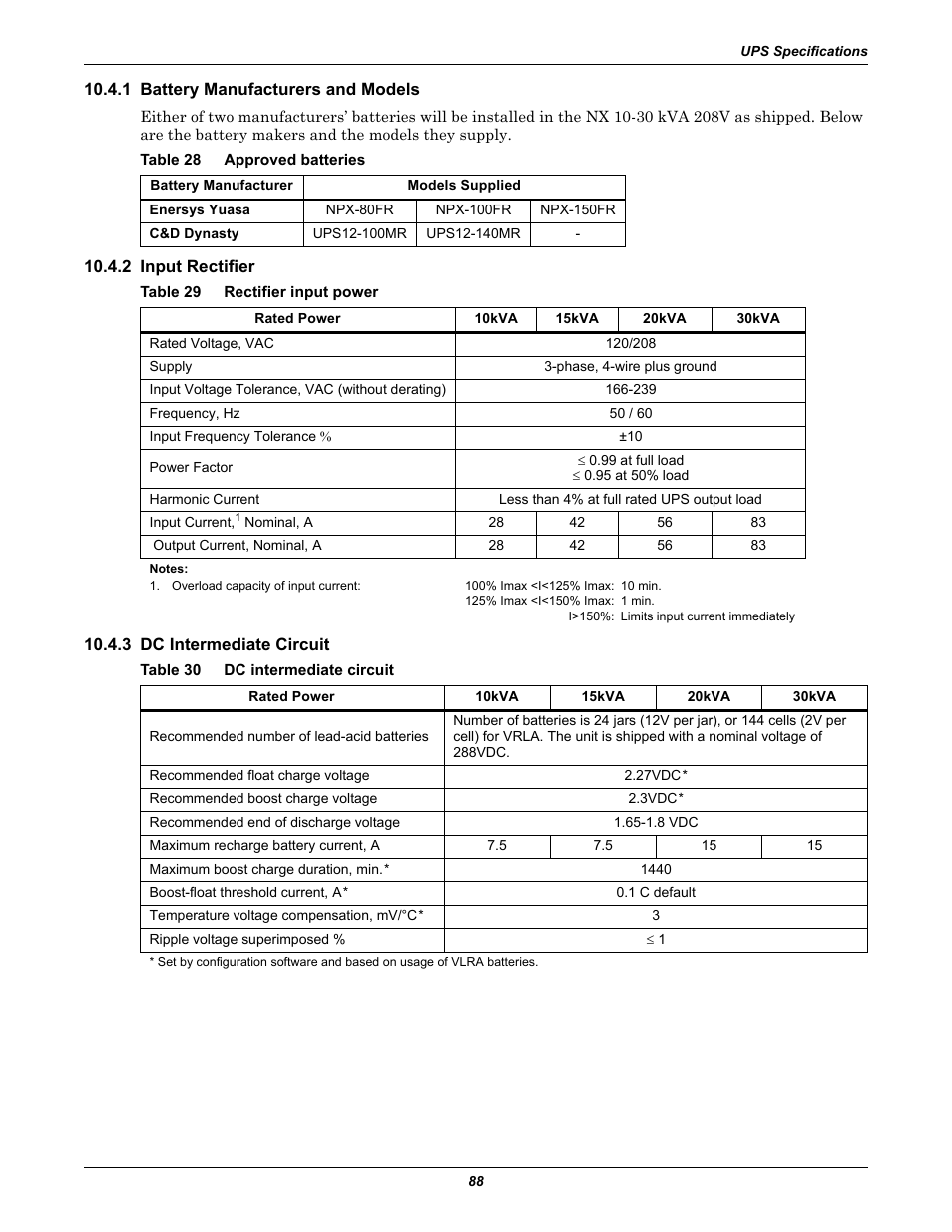 1 battery manufacturers and models, Table 28 approved batteries, 2 input rectifier | Table 29 rectifier input power, 3 dc intermediate circuit, Table 30 dc intermediate circuit, Table 28, Approved batteries, Table 29, Rectifier input power | Emerson Liebert NX 10-30kVA User Manual | Page 96 / 112