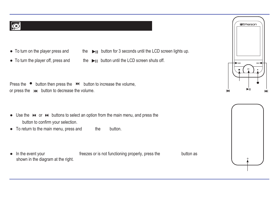 Basic operation, Turning on/off, Adjusting the volume selecting main menu or mode | Reset | Emerson EMP413-2 User Manual | Page 11 / 31