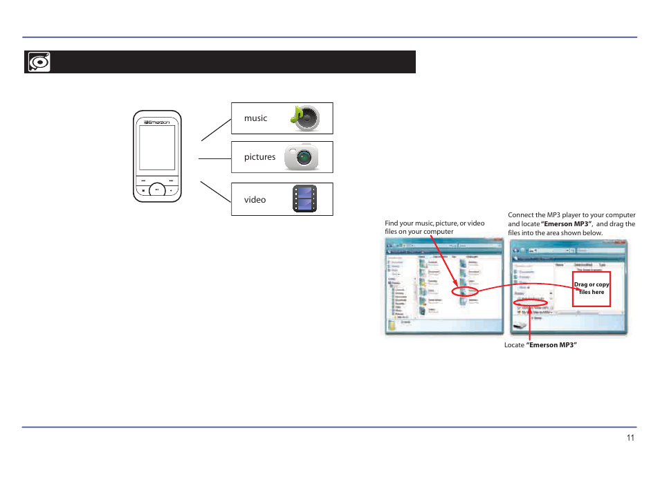 Transferring media files to the player, Transferring media to the player | Emerson EMP413-2 User Manual | Page 12 / 31