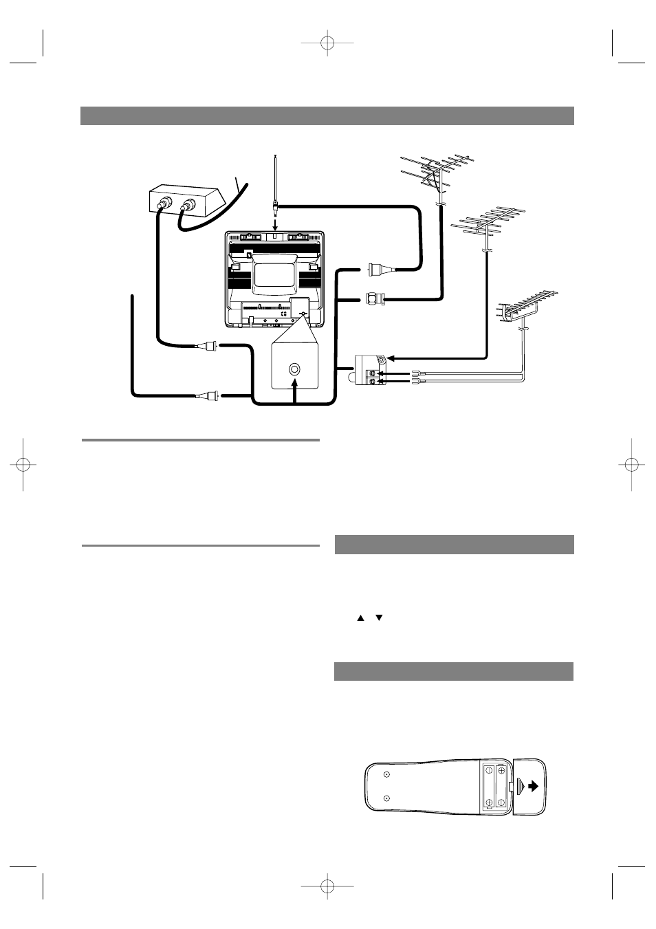 Conexiones de antena/cable, Modo de entrada externa, Instalación de las pilas | Antena combinada de vhf/uhf, Antenas separadas de vhf/uhf | Emerson EWC1301 User Manual | Page 30 / 32