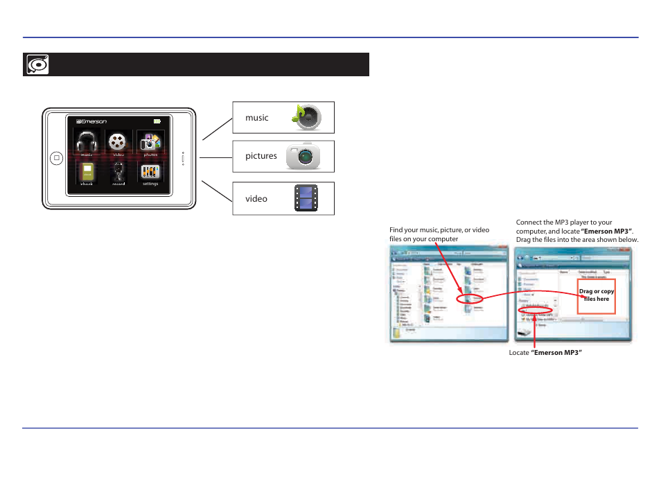 Transferring media to the player | Emerson EMP3550-4 User Manual | Page 12 / 25