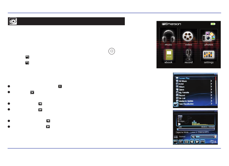 Music, Listening to music, Skipping tracks | Searching backward or forward within a track, Music player interface | Emerson EMP3550-4 User Manual | Page 14 / 25