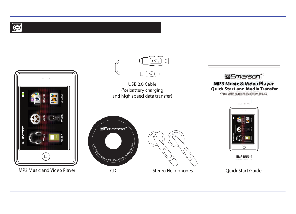 4 gb, Quick start and media transfer | Emerson EMP3550-4 User Manual | Page 2 / 25