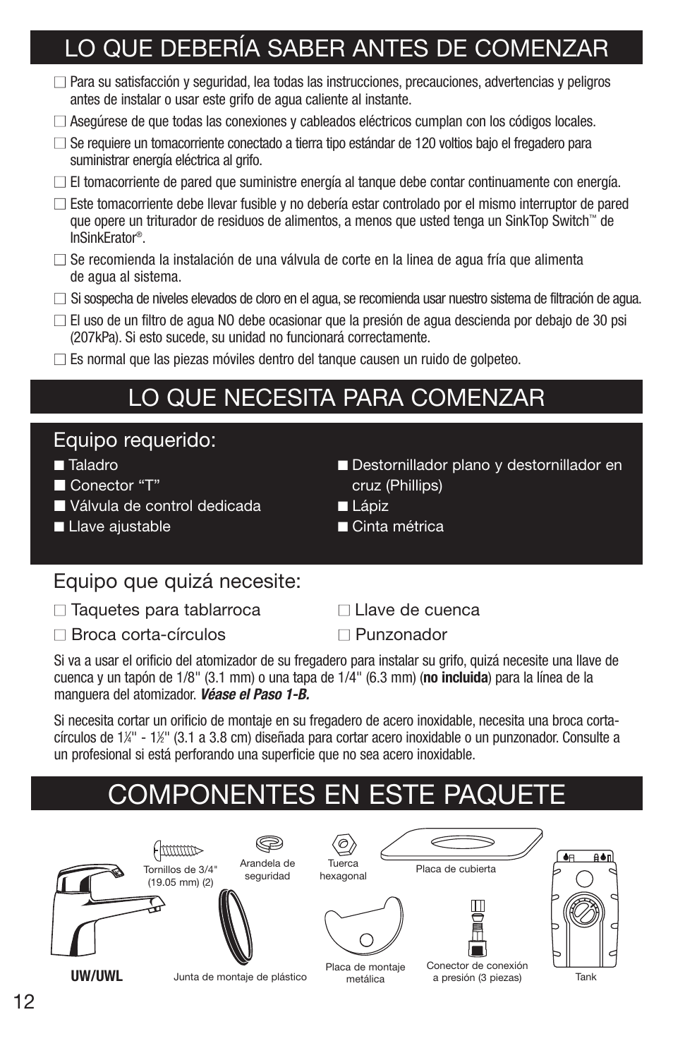 Componentes en este paquete, Lo que debería saber antes de comenzar, Lo que necesita para comenzar | Equipo que quizá necesite, Equipo requerido, Taquetes para tablarroca, Broca corta-círculos, Llave de cuenca, Punzonador | Emerson UW User Manual | Page 12 / 31