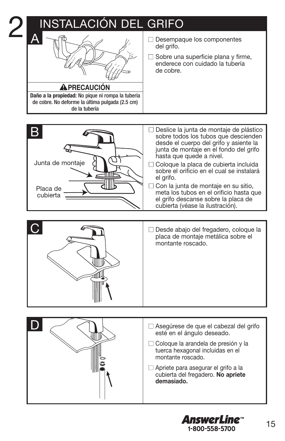 Ac d, Instalación del grifo | Emerson UW User Manual | Page 15 / 31