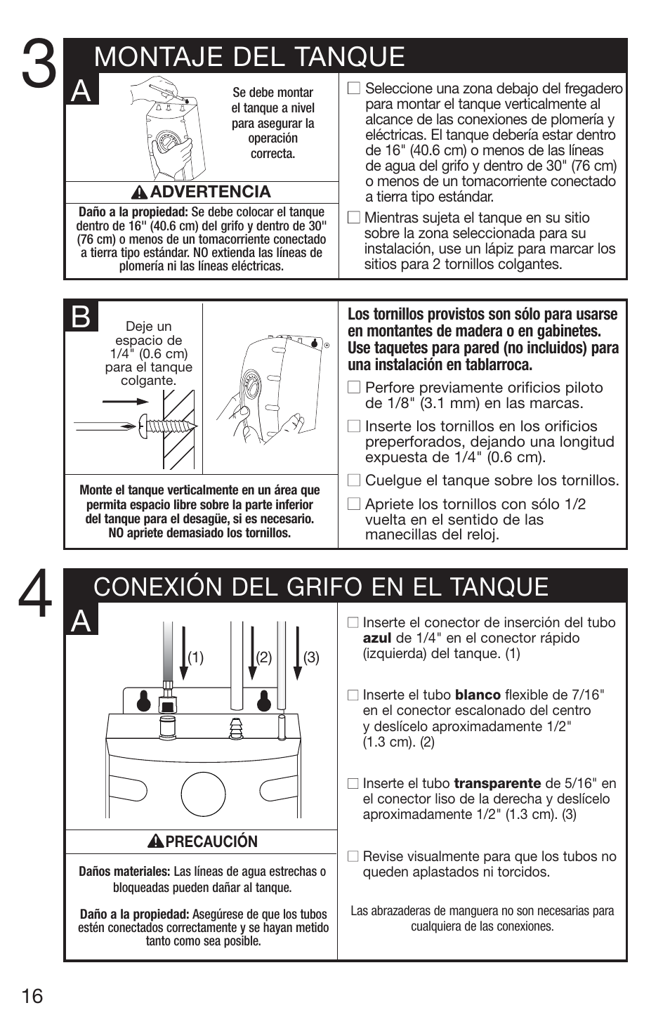 Montaje del tanque, Conexión del grifo en el tanque | Emerson UW User Manual | Page 16 / 31