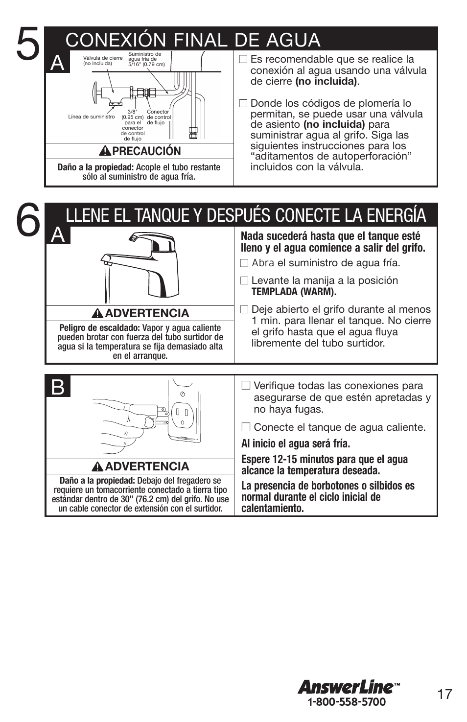 Conexión final de agua, Llene el tanque y después conecte la energía | Emerson UW User Manual | Page 17 / 31