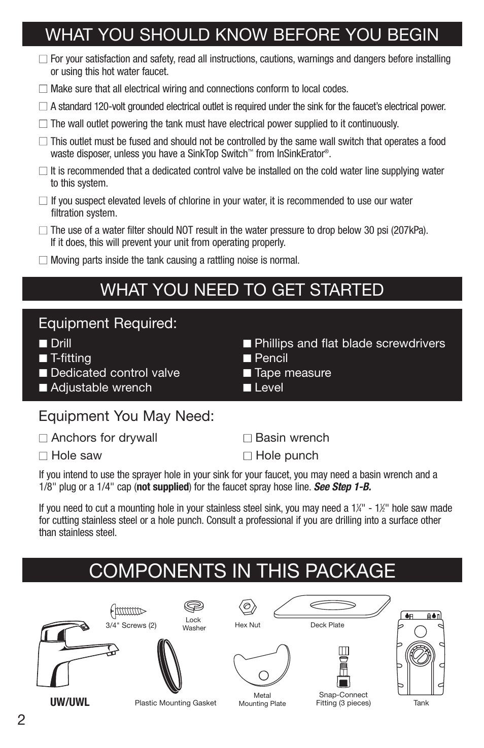 Components in this package, What you should know before you begin, What you need to get started | Equipment you may need, Equipment required, Drill, T-fitting, Dedicated control valve, Adjustable wrench, Phillips and flat blade screwdrivers | Emerson UW User Manual | Page 2 / 31