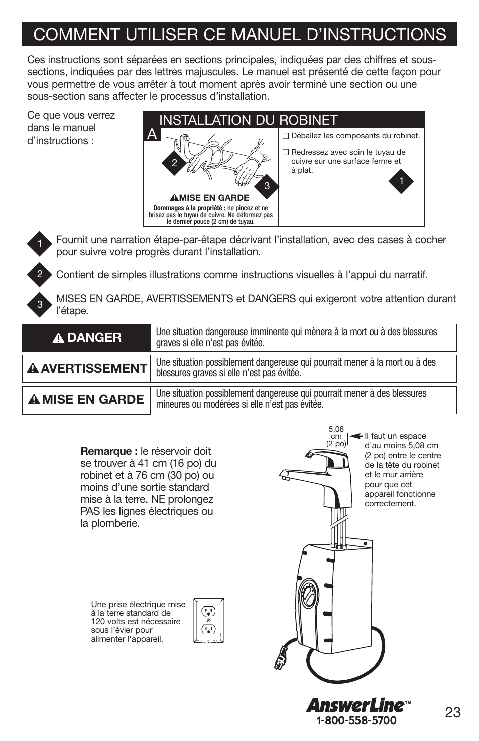 Comment utiliser ce manuel d’instructions, Installation du robinet, Danger | Mise en garde avertissement | Emerson UW User Manual | Page 23 / 31