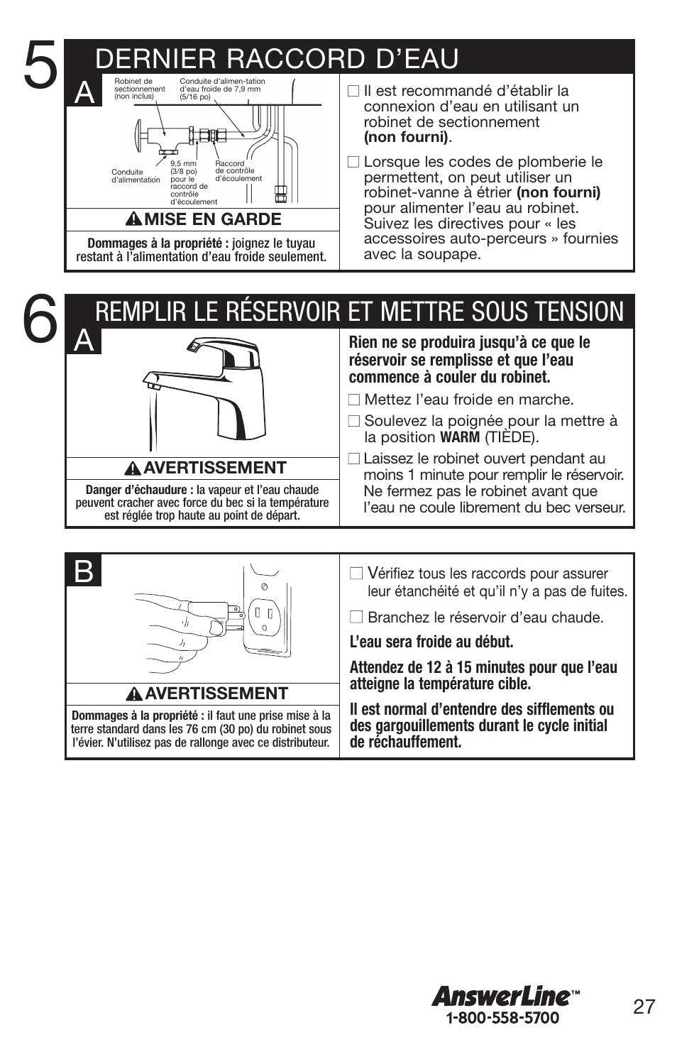 Dernier raccord d’eau, Remplir le réservoir et mettre sous tension | Emerson UW User Manual | Page 27 / 31
