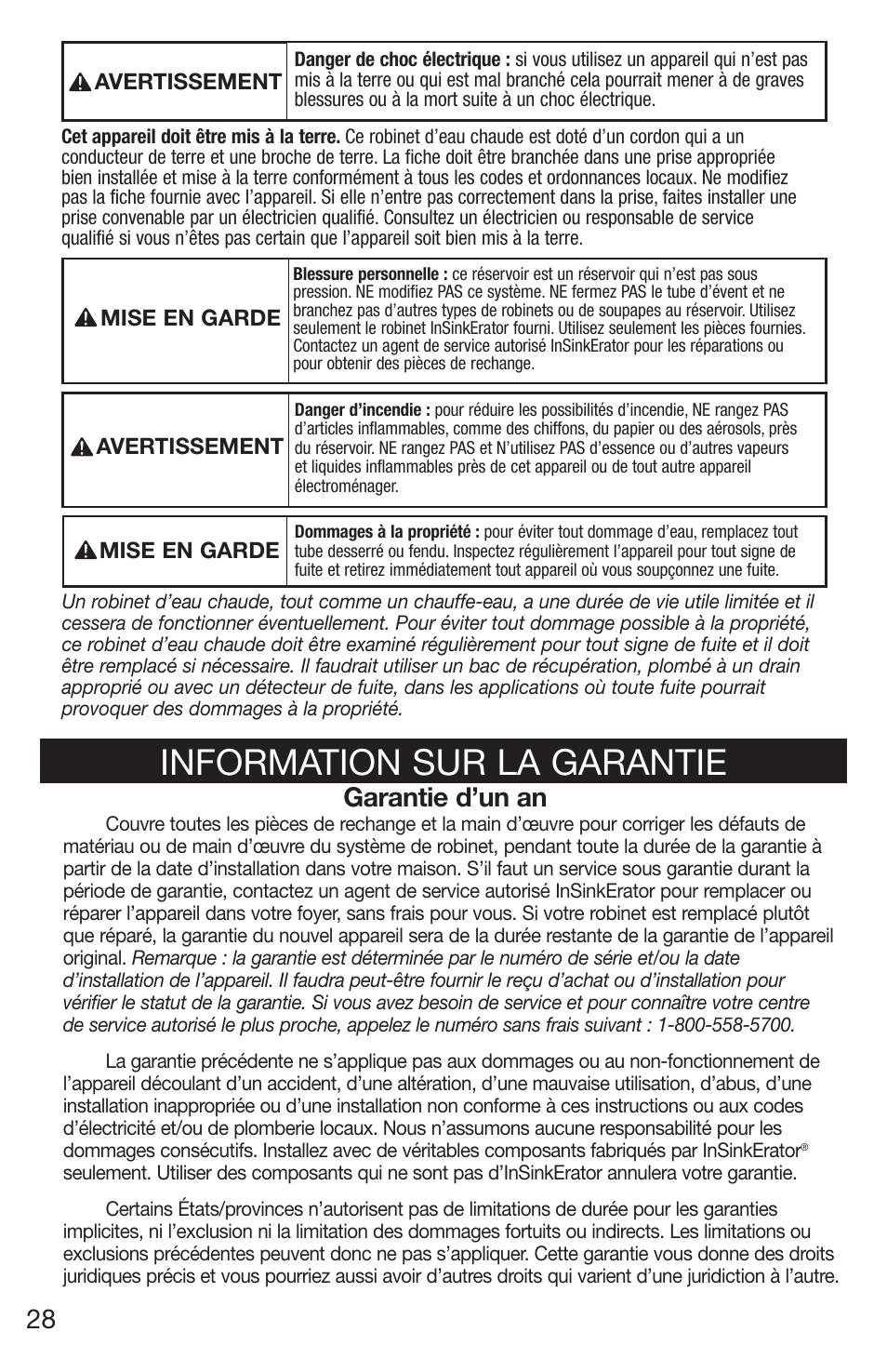 Information sur la garantie, Garantie d’un an | Emerson UW User Manual | Page 28 / 31