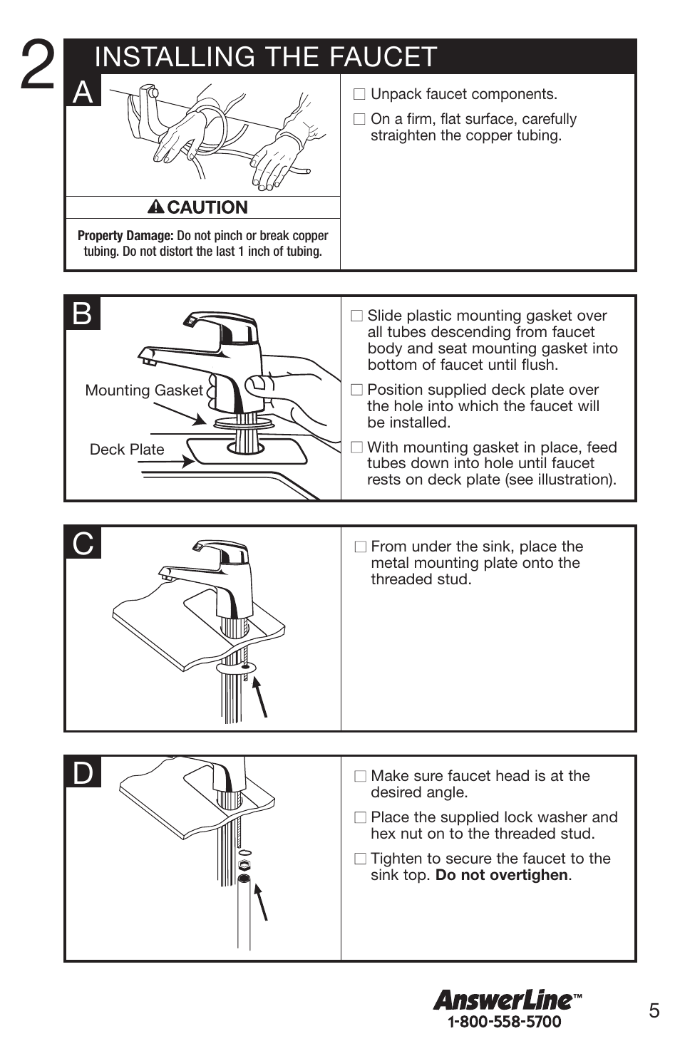 Ac d, Installing the faucet | Emerson UW User Manual | Page 5 / 31