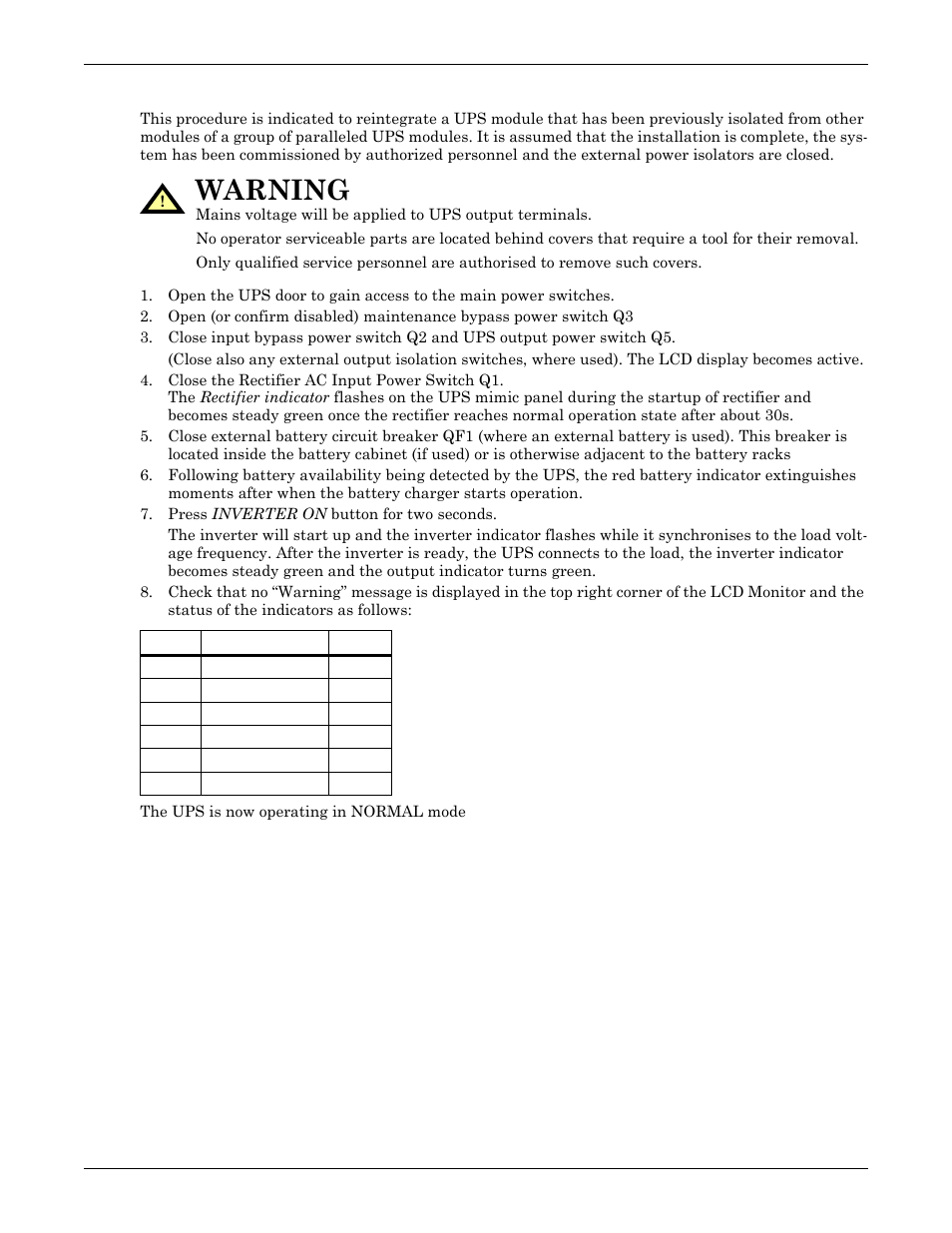 8 insertion of one module in a multi-module system, Insertion of one module in a multi-module system, Warning | Emerson Liebert NX 50 and 60 Hz User Manual | Page 100 / 132
