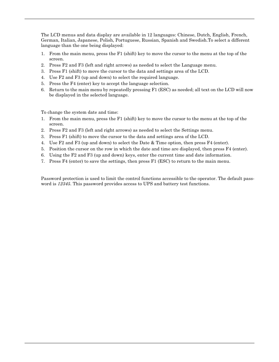 13 language selection, 14 changing the current date and time, 15 command password | Language selection, Changing the current date and time, Command password | Emerson Liebert NX 50 and 60 Hz User Manual | Page 103 / 132