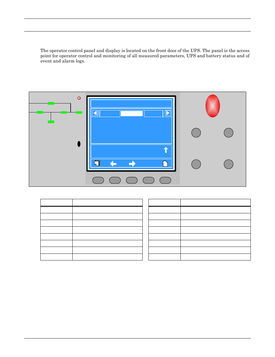 0 operator control panel and display, 1 introduction, Figure 67 ups control and display panel | Table 12 ups control and display panel components, Perator, Ontrol, Anel, Isplay, Introduction, Table 12 | Emerson Liebert NX 50 and 60 Hz User Manual | Page 104 / 132
