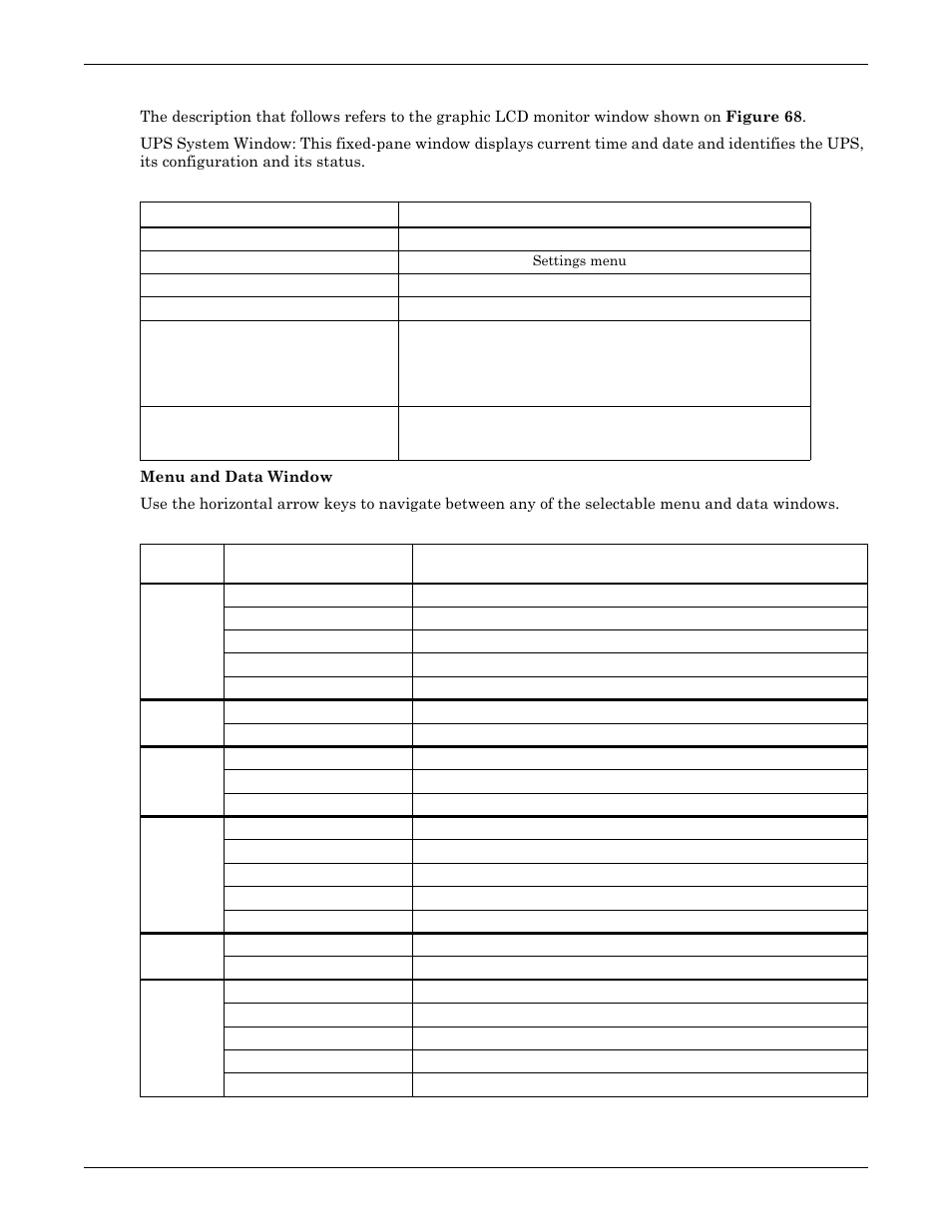 5 detailed description of menu items, Table 21 ups system window, Detailed description of menu items | Table 21, Ups system window, Table 22, Descriptions of ups menus and data window items | Emerson Liebert NX 50 and 60 Hz User Manual | Page 108 / 132