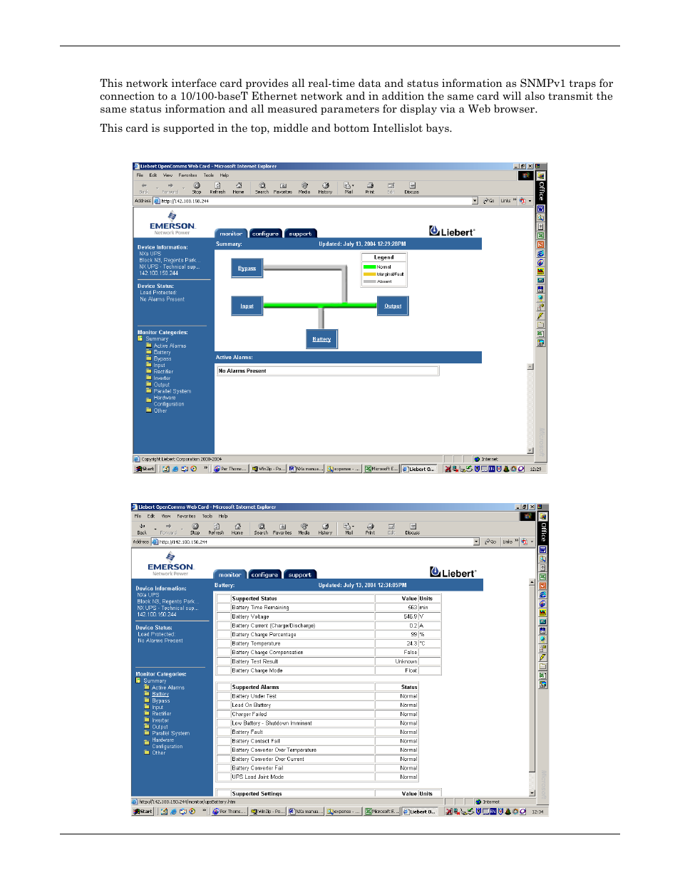 1 oc web card - snmp/http network interface card, Figure 77 oc web card data summary window, Figure 78 oc web card battery data summary | Oc web card - snmp/http network interface card | Emerson Liebert NX 50 and 60 Hz User Manual | Page 123 / 132