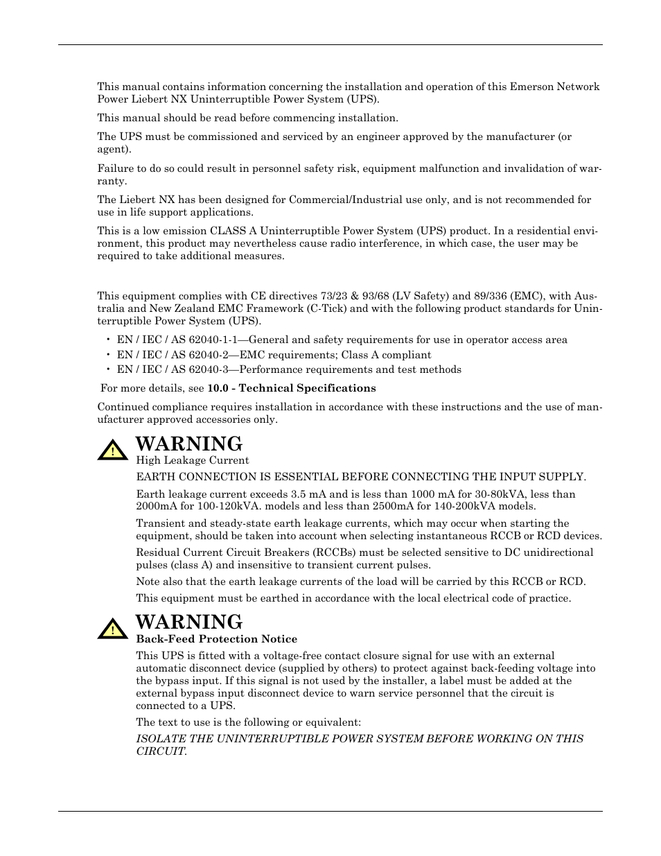 Safety precautions, Conformity and standards, Warning | Emerson Liebert NX 50 and 60 Hz User Manual | Page 13 / 132