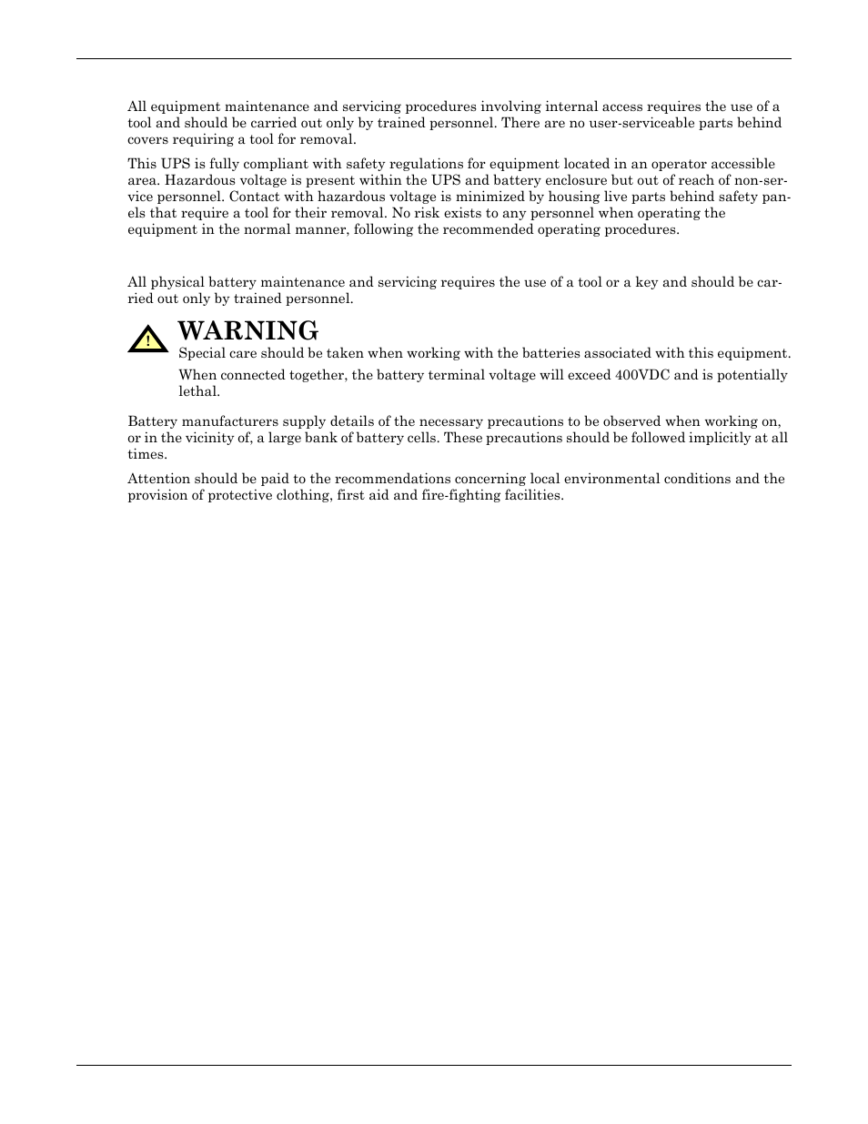 User-serviceable parts, Battery voltage exceeds 400vdc, Warning | Emerson Liebert NX 50 and 60 Hz User Manual | Page 14 / 132