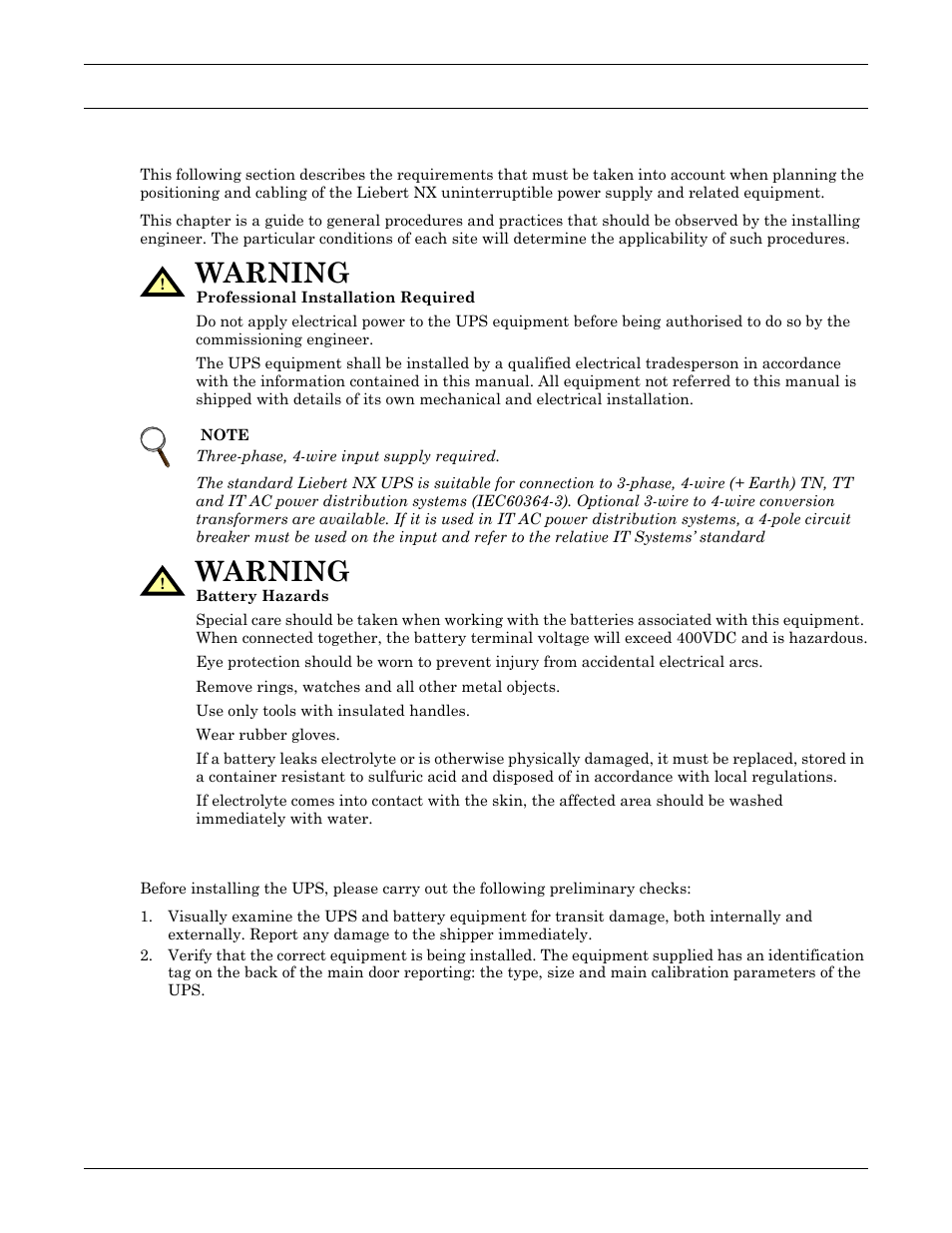 0 single module ups installation, 1 introduction, 2 preliminary checks | Ingle, Odule, Ups i, Nstallation, Introduction, Preliminary checks, Warning | Emerson Liebert NX 50 and 60 Hz User Manual | Page 15 / 132