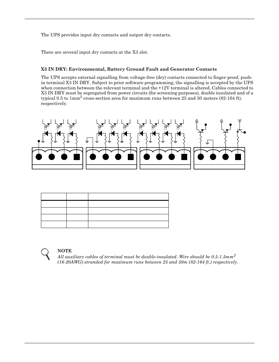 8 dry contacts, 1 input dry contacts, X3 ancillary control and alarms | Figure 3 input dry contacts, Table 3 input dry contacts at x3, Dry contacts, Input dry contacts, Figure 3, Table 3, Input dry contacts at x3 | Emerson Liebert NX 50 and 60 Hz User Manual | Page 24 / 132
