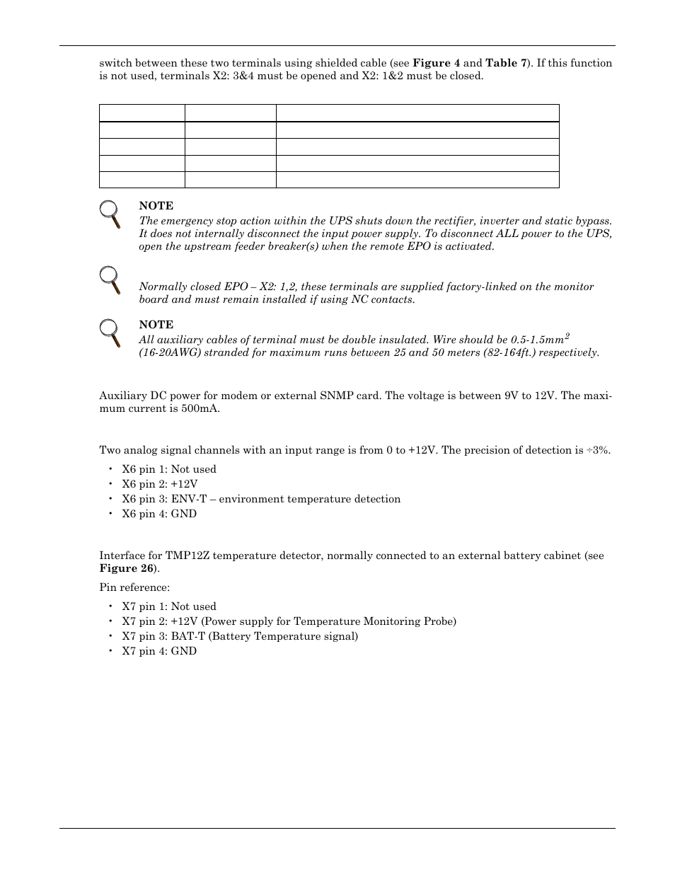 Table 7 epo input contact relays, X5: auxiliary dc power output, X6: analog input interface | Table 7, Epo input contact relays | Emerson Liebert NX 50 and 60 Hz User Manual | Page 27 / 132