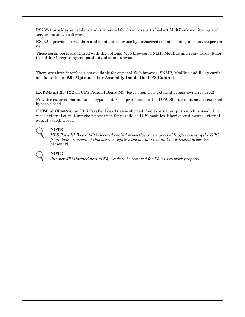 Serial ports rs232-1 and rs232-2, 6 external bypass switch interlock, External bypass switch interlock | Emerson Liebert NX 50 and 60 Hz User Manual | Page 28 / 132