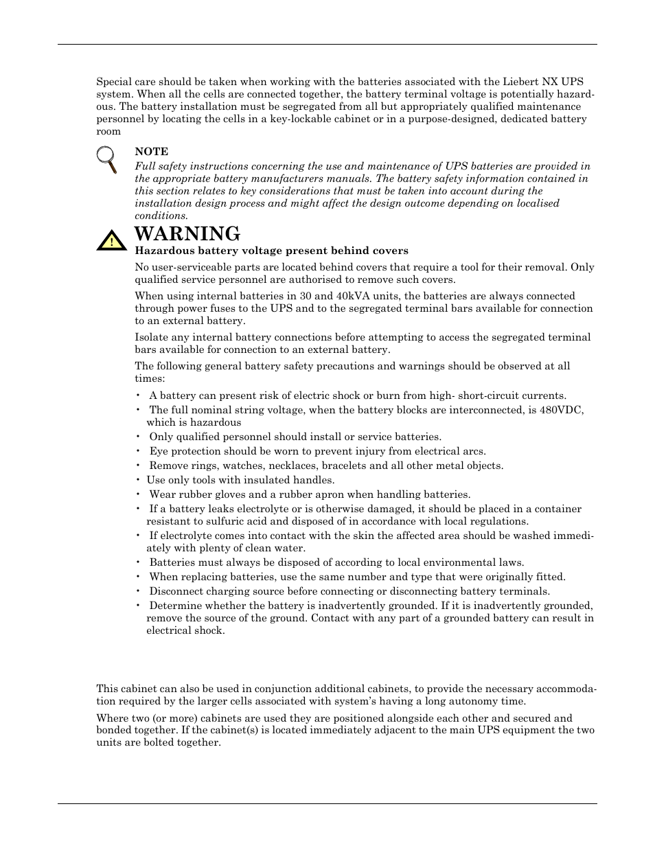 2 safety, 3 battery cabinet, 1 introduction | Safety, Battery cabinet, Introduction, Warning | Emerson Liebert NX 50 and 60 Hz User Manual | Page 30 / 132