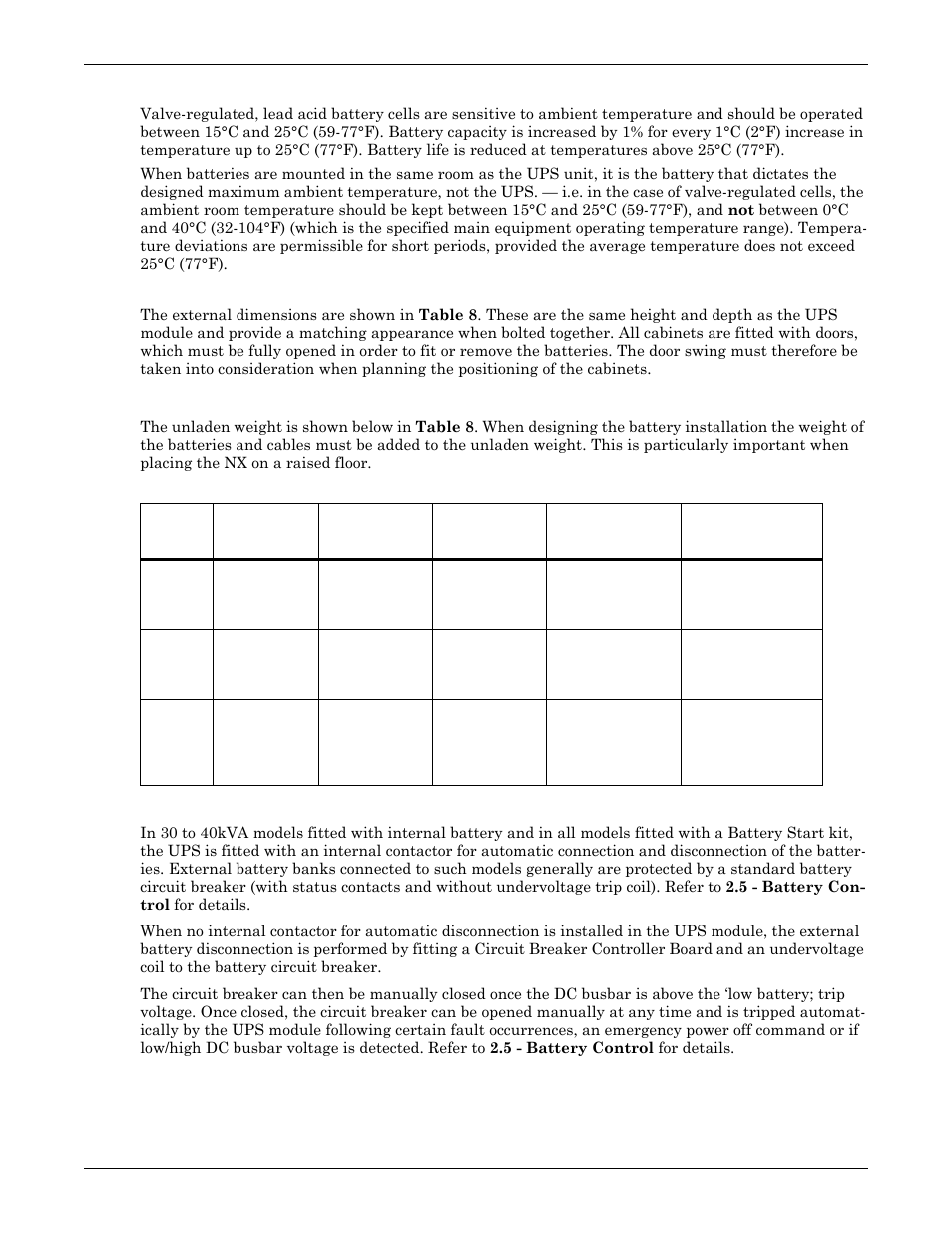 2 temperature considerations, 3 dimensions, 4 weight | Table 8 dimensions and weight, 5 circuit breaker features, Temperature considerations, Dimensions, Weight, Circuit breaker features, Table 8 | Emerson Liebert NX 50 and 60 Hz User Manual | Page 31 / 132
