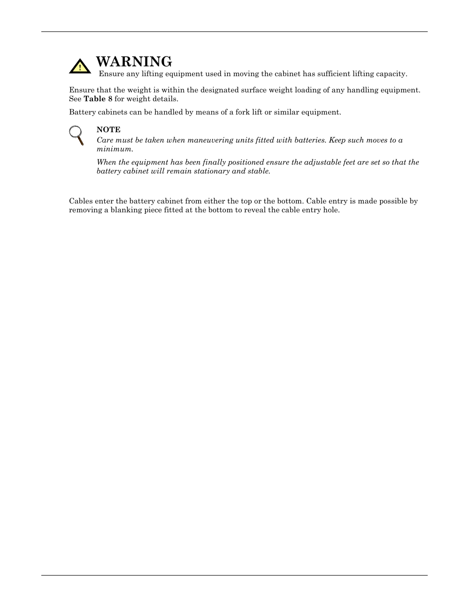 6 moving the battery cabinets, 7 cable entry, Moving the battery cabinets | Cable entry, Warning | Emerson Liebert NX 50 and 60 Hz User Manual | Page 32 / 132