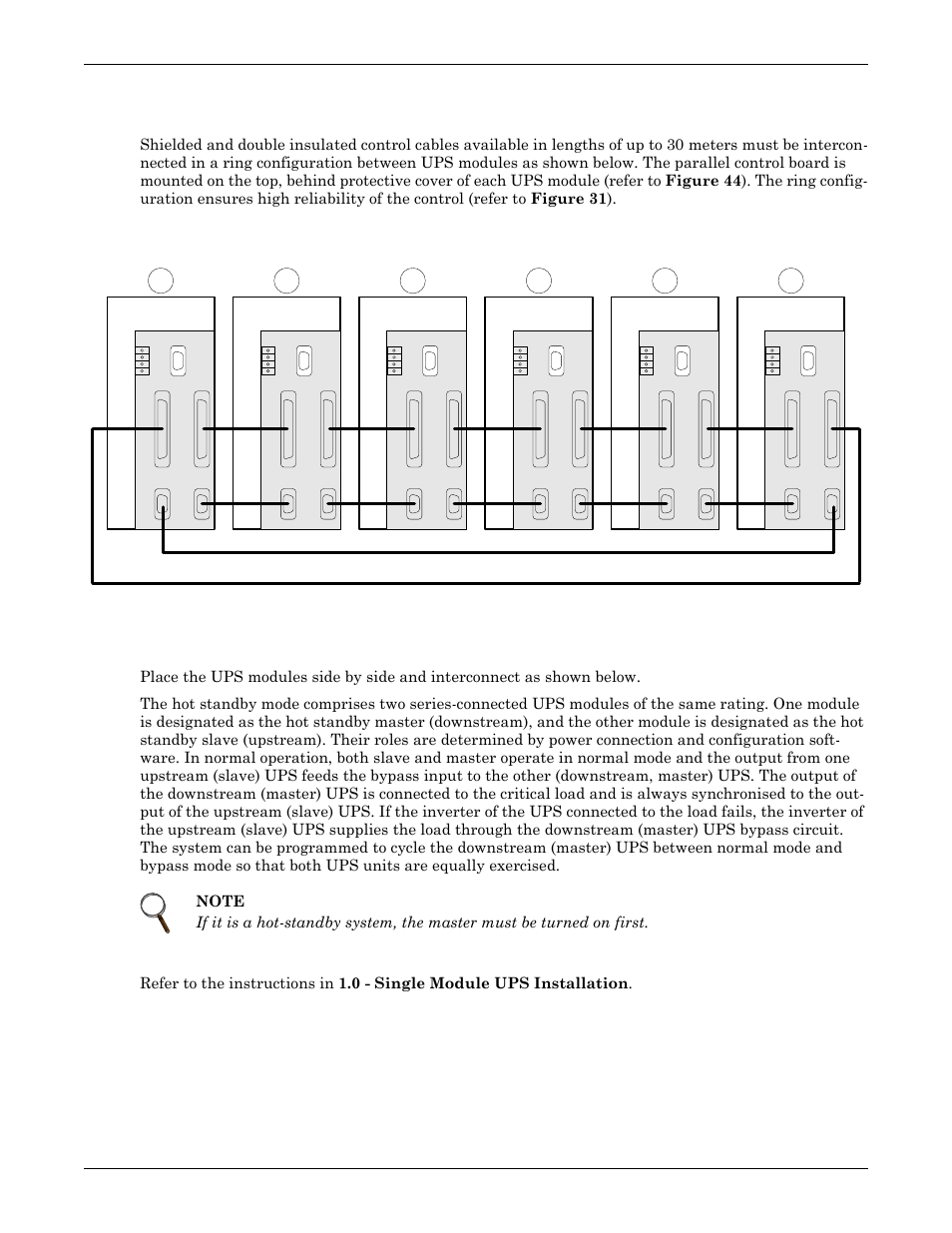 4 control cables, Intermodule control, 3 hot-standby ups modules | 1 cabinet installation, 2 external protective devices, Control cables, Hot-standby ups modules, Cabinet installation, External protective devices, 4 control cables intermodule control | Emerson Liebert NX 50 and 60 Hz User Manual | Page 60 / 132