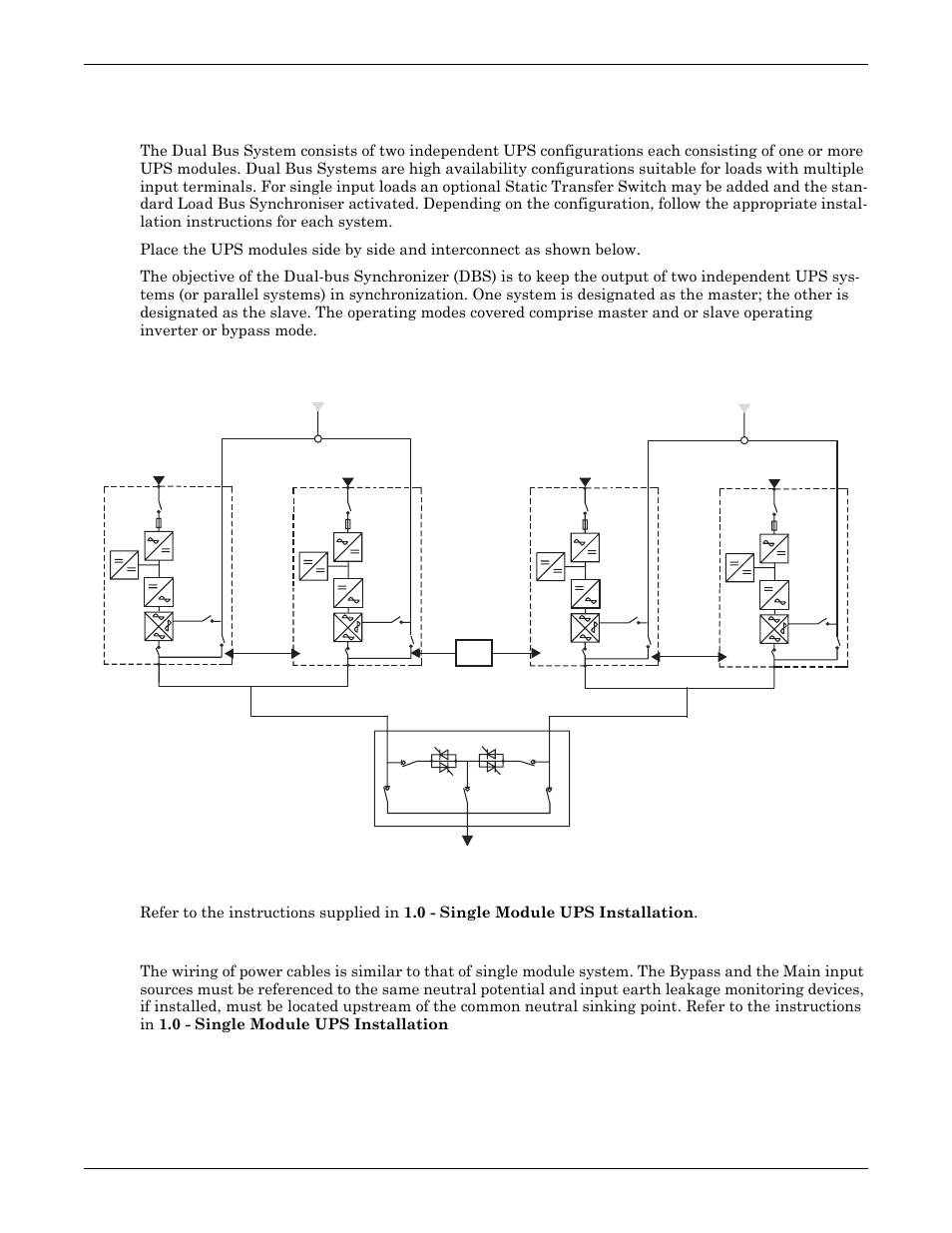 4 dual bus system, 1 cabinet installation, 2 external protective devices | 3 power cables, Dual bus system, Cabinet installation, External protective devices, Power cables, Ups multi-module installation 50, Load | Emerson Liebert NX 50 and 60 Hz User Manual | Page 62 / 132