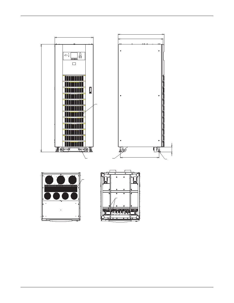 Figure 49 general arrangement-100-120kva nx, Figure 49 general arrangement—100-120kva nx, Front view side view | Base view top view | Emerson Liebert NX 50 and 60 Hz User Manual | Page 76 / 132