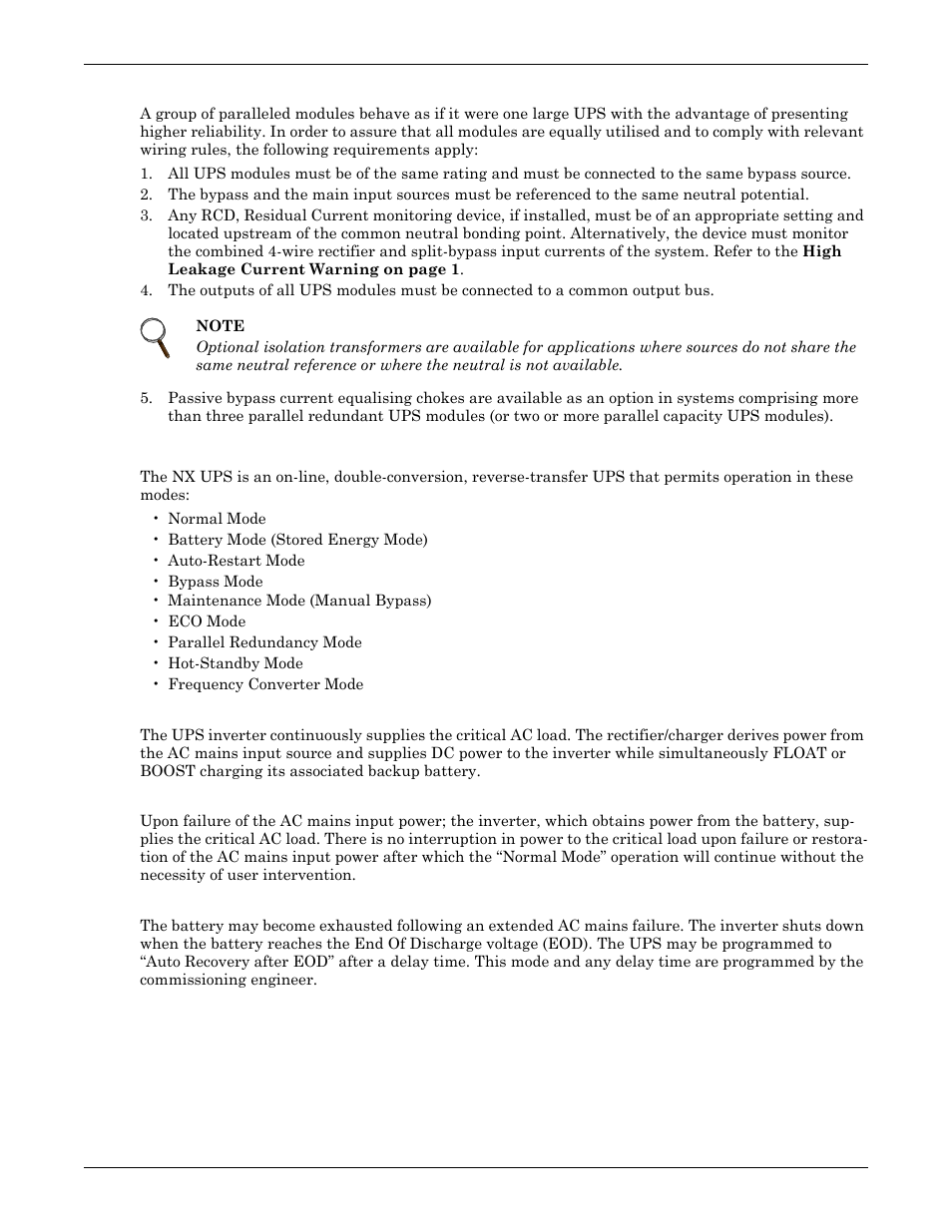 2 requirements for paralleling of ups modules, 3 modes of operation, 1 normal mode | 2 battery mode (stored energy mode), 3 auto-restart mode, Requirements for paralleling of ups modules, Modes of operation, Normal mode, Battery mode (stored energy mode), Auto-restart mode | Emerson Liebert NX 50 and 60 Hz User Manual | Page 90 / 132