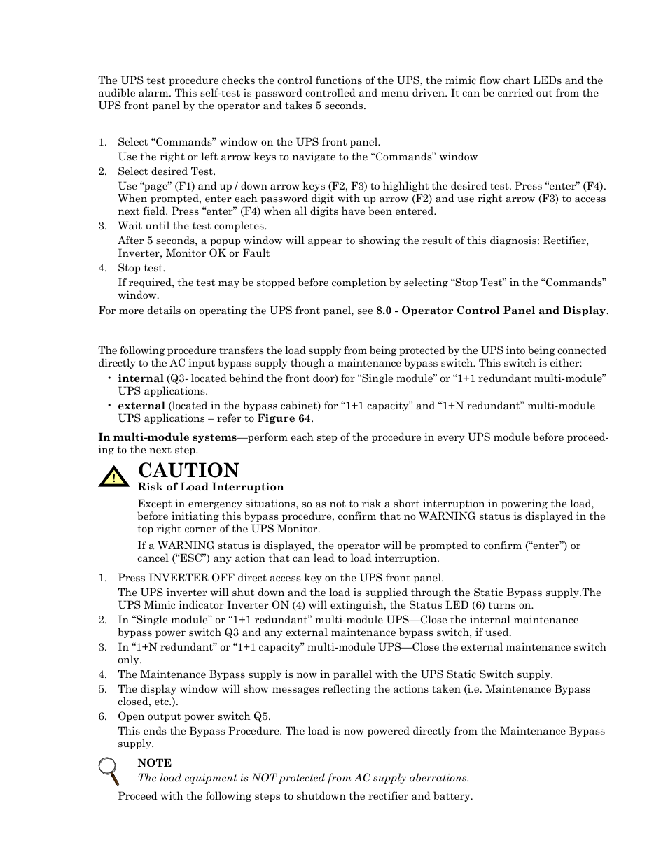 5 ups self-test, 1 ups self-test procedure, 6 maintenance bypass procedure and ups shutdown | Ups self-test, Ups self-test procedure, Maintenance bypass procedure and ups shutdown, Caution | Emerson Liebert NX 50 and 60 Hz User Manual | Page 96 / 132