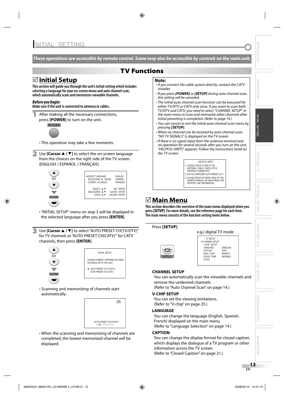 Nitial setting, Initial setup, Main menu | Tv functions | Emerson LD195EM8 7 User Manual | Page 13 / 96