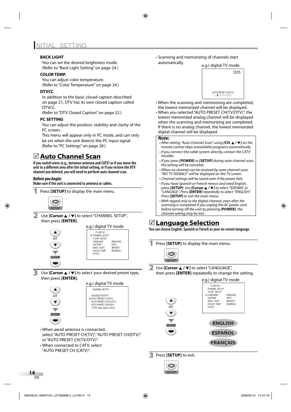 Nitial setting, Auto channel scan, Language selection | Emerson LD195EM8 7 User Manual | Page 14 / 96