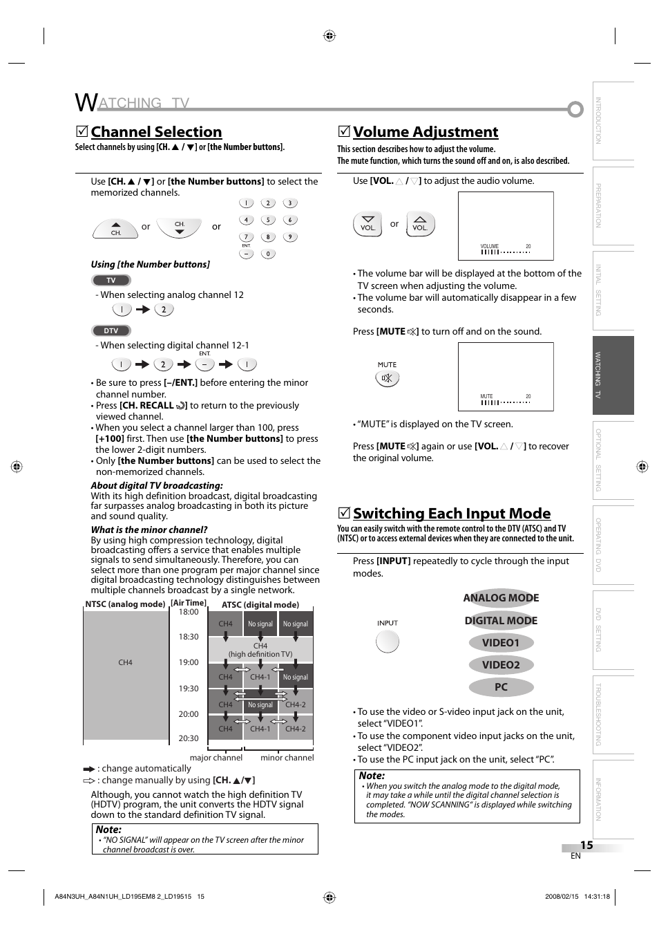 Atching tv, Channel selection, 5volume adjustment | Switching each input mode | Emerson LD195EM8 7 User Manual | Page 15 / 96